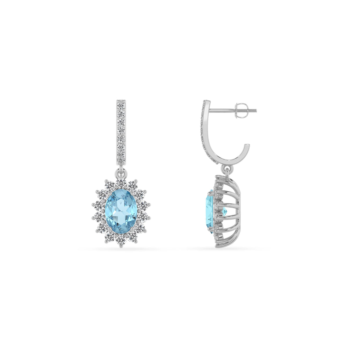 lab grown aquamarine oval drop earrings in white gold 