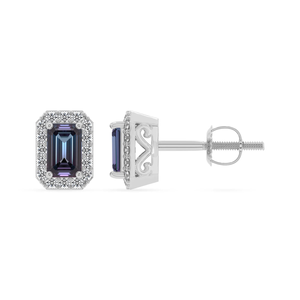 lab grown alexandrite emerald cut stud earrings in sterling silver 