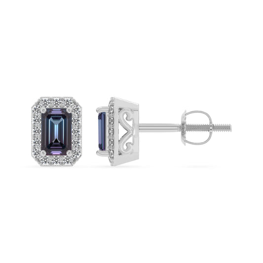 lab grown alexandrite emerald cut stud earrings in sterling silver 