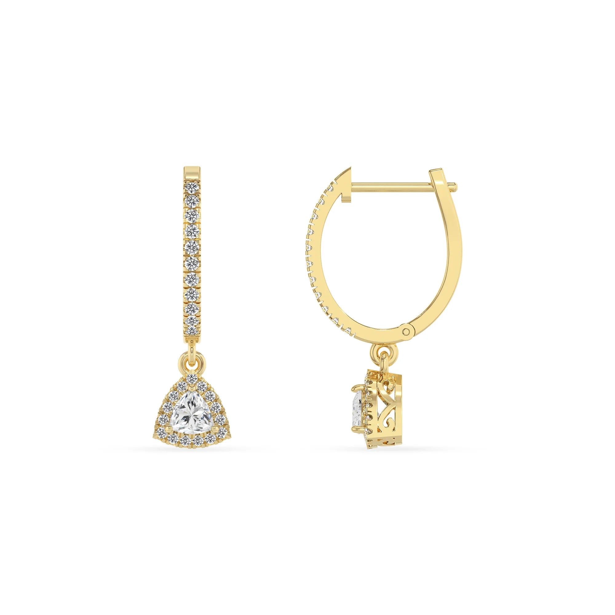 lab grown moissanite trillion drop earrings in yellow gold 