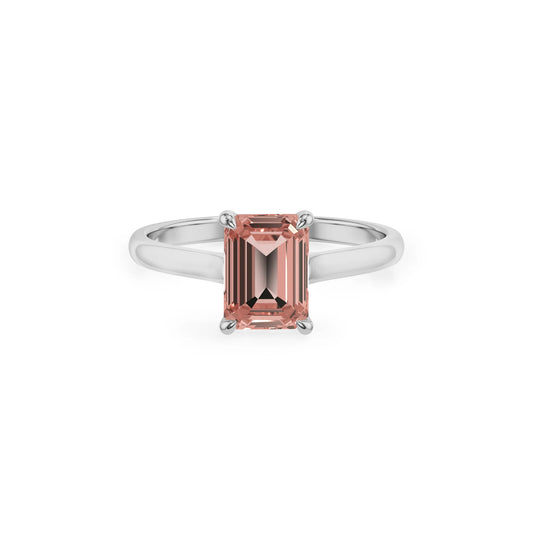 lab grown morganite emerald cut solitaire rings in platinum 