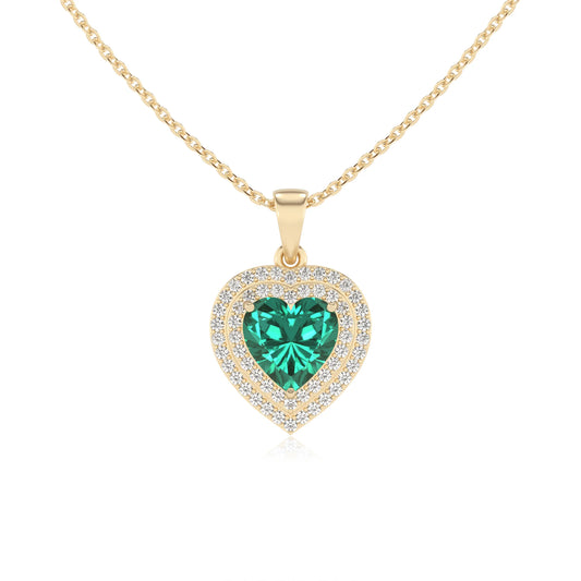 lab grown emerald heart halo necklaces in yellow gold 