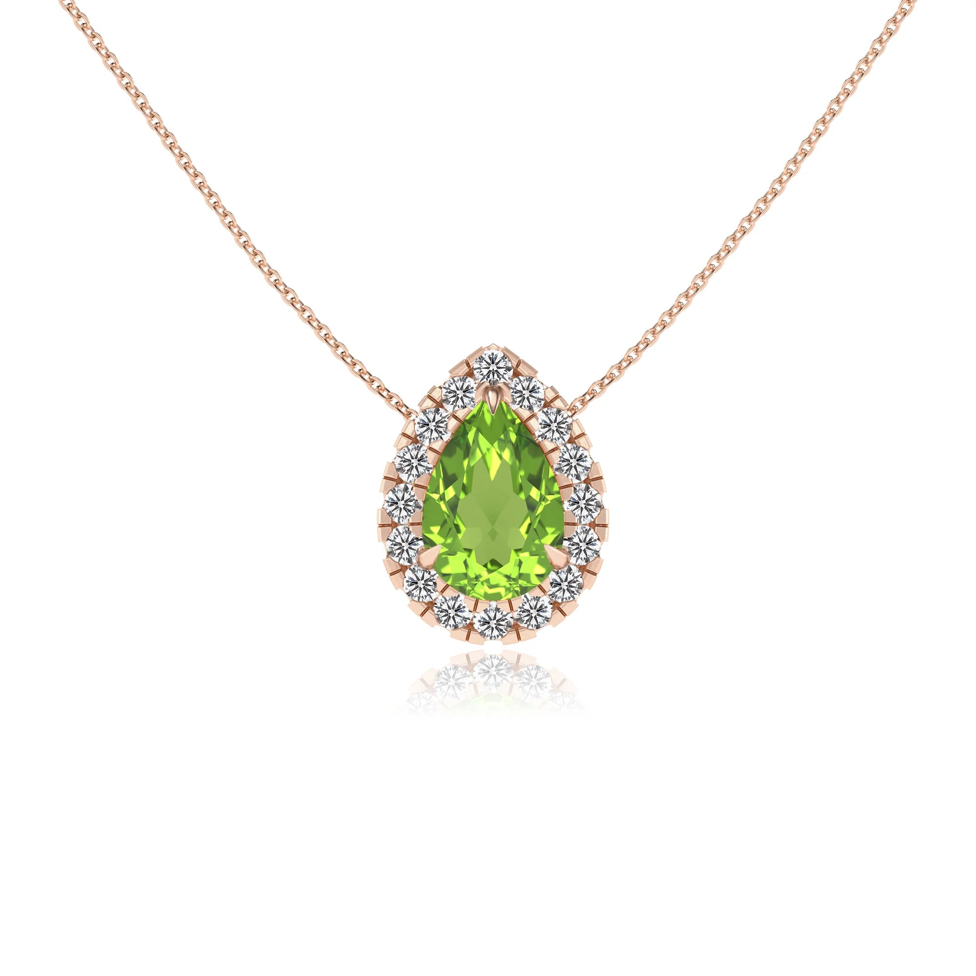 natural peridot pear solitaire necklaces in rose gold 