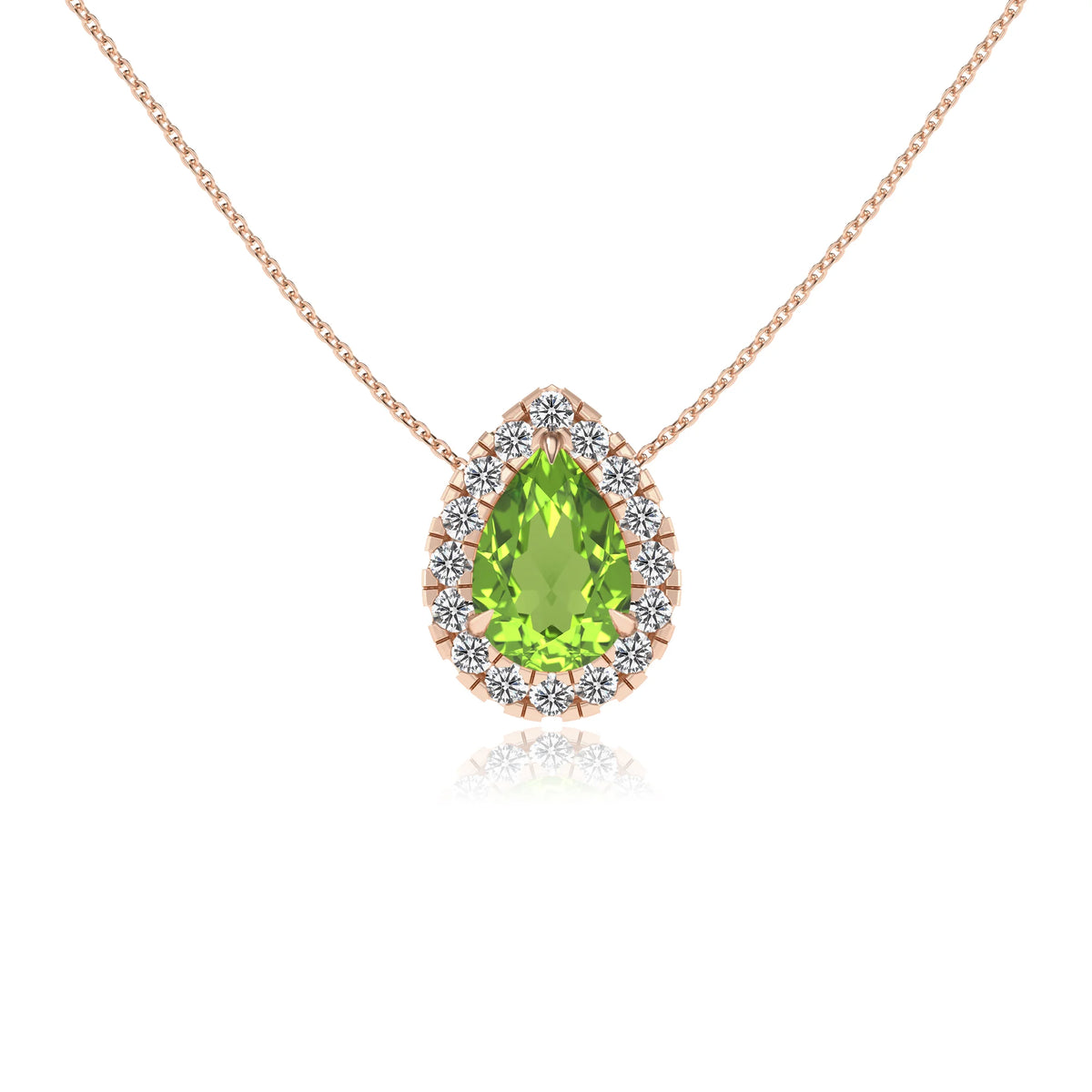 natural peridot pear solitaire necklaces in rose gold 