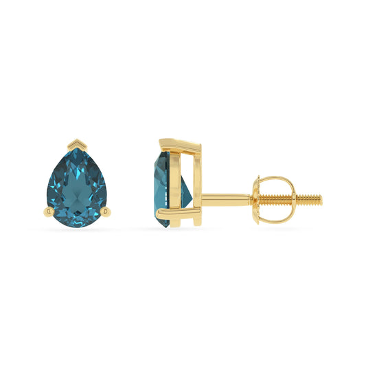 natural london blue topaz pear stud earrings in yellow gold 