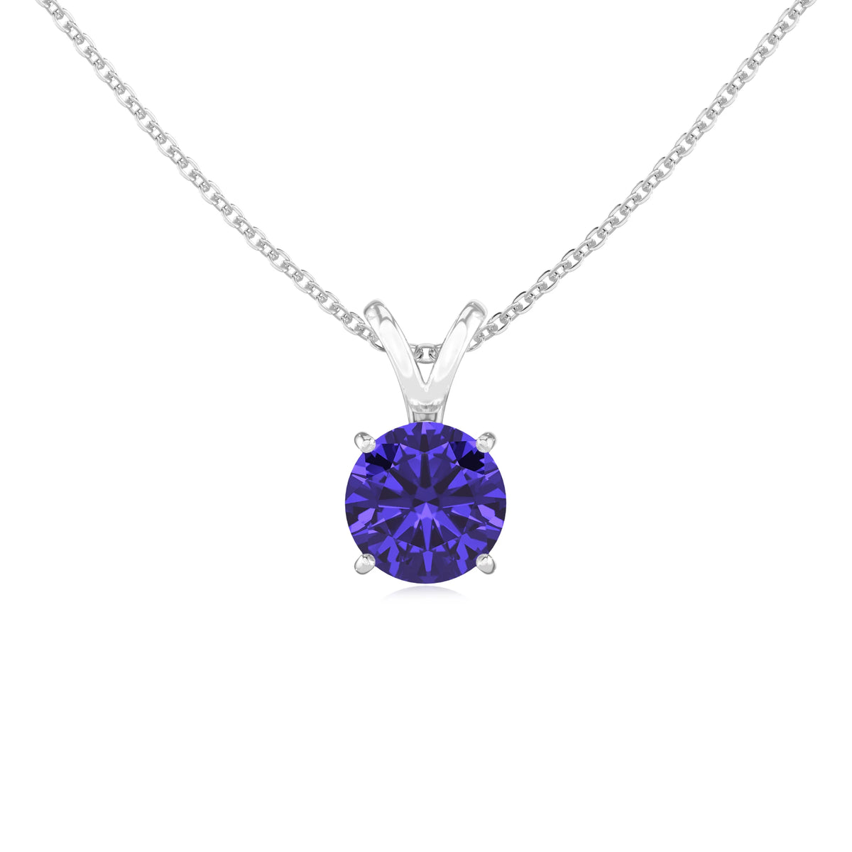 lab grown tanzanite round solitaire v-bale necklaces in sterling silver 