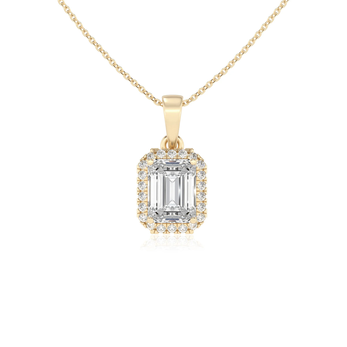 lab grown moissanite emerald cut solitaire necklaces in yellow gold 