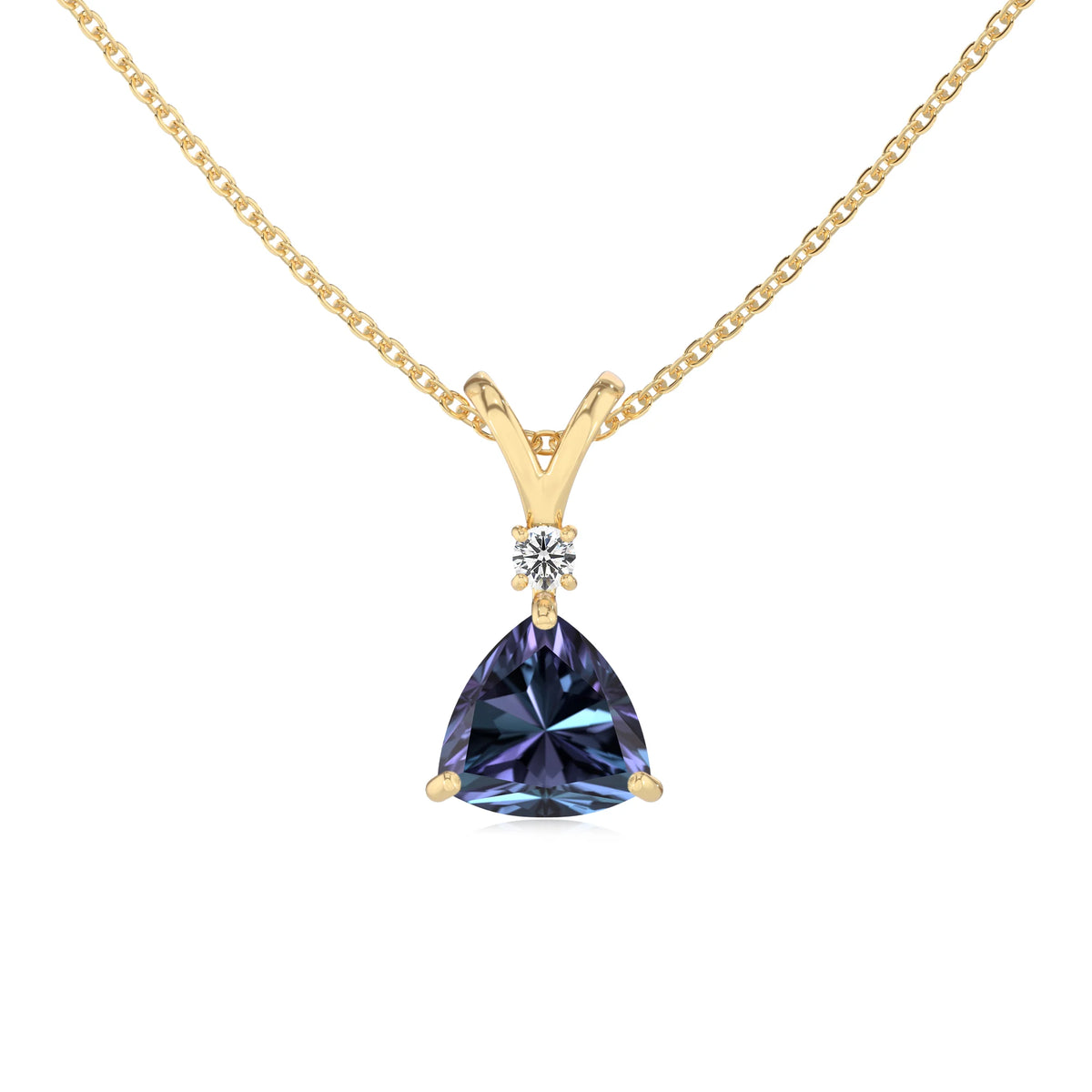 lab grown alexandrite trillion solitaire v-bale necklaces in yellow gold 