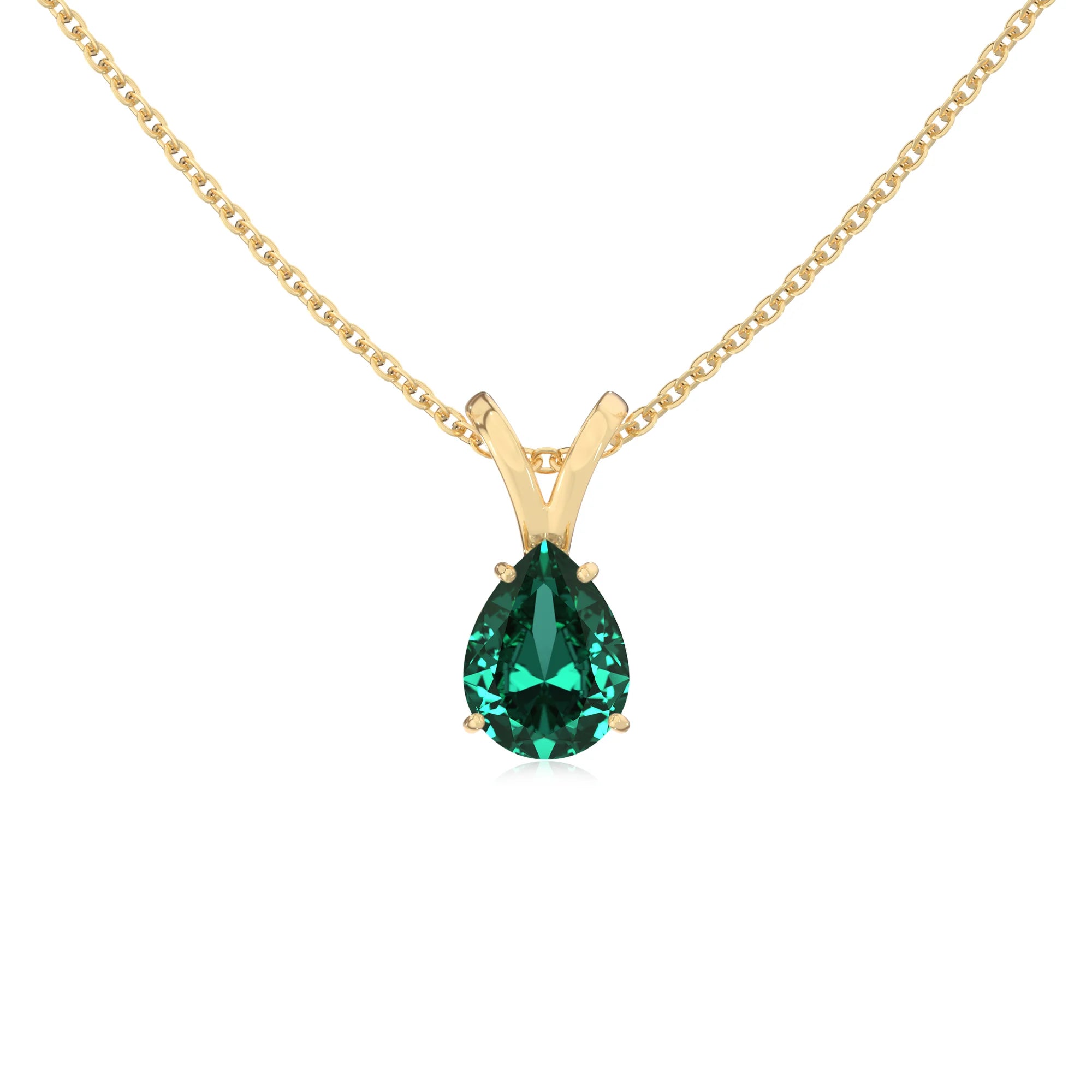 lab grown emerald pear solitaire v-bale necklaces in yellow gold 