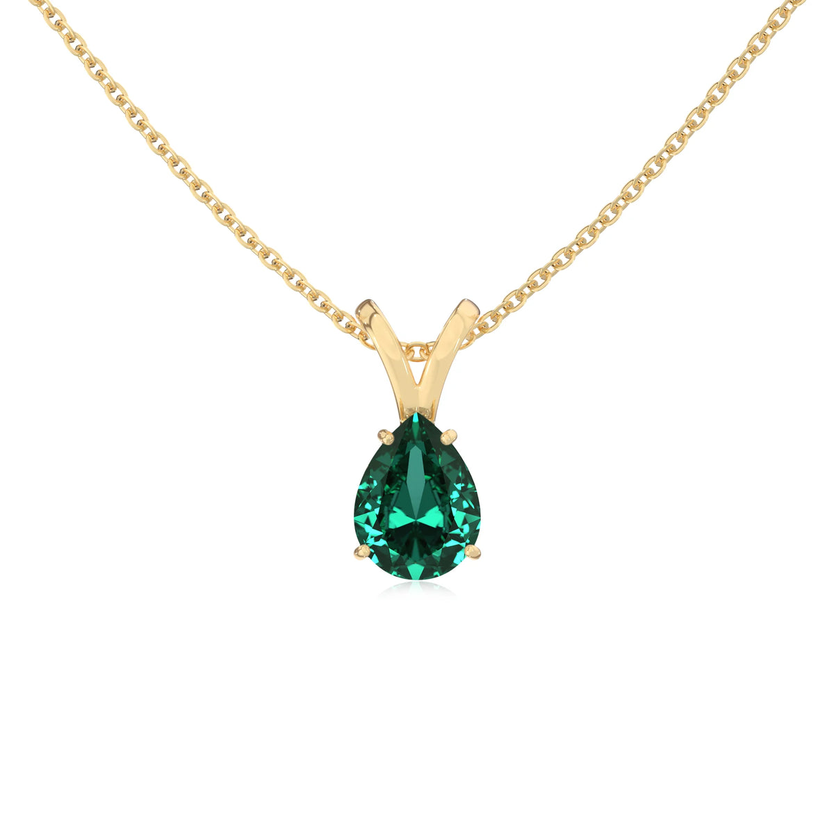 lab grown emerald pear solitaire v-bale necklaces in yellow gold 