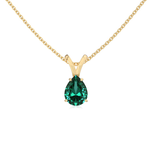 lab grown emerald pear solitaire v-bale necklaces in yellow gold 