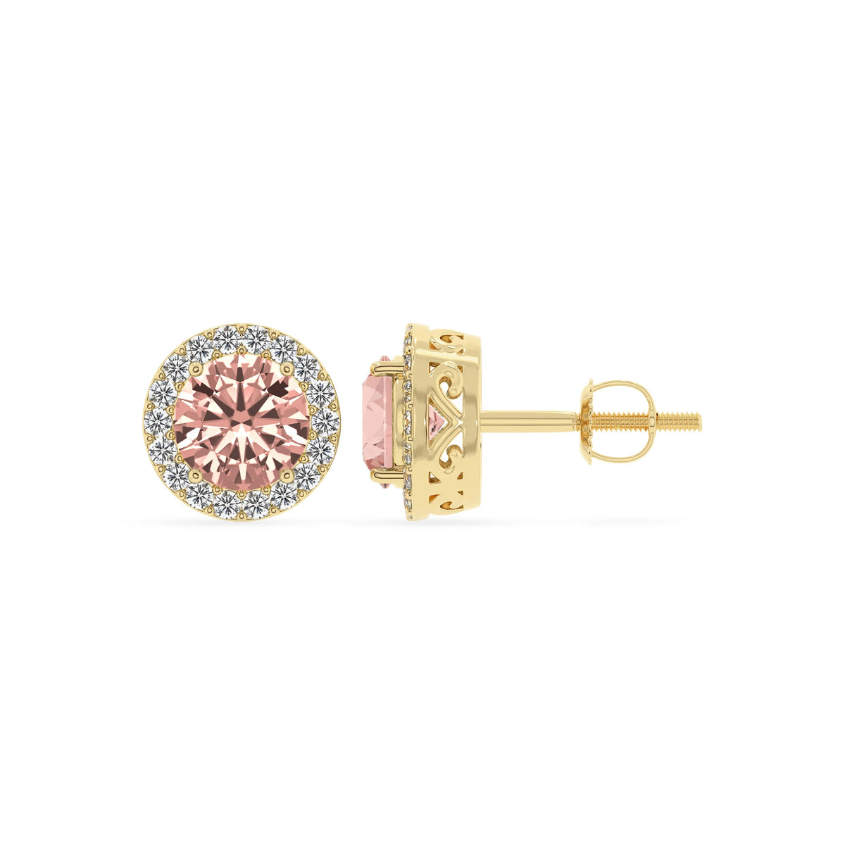 lab grown morganite round stud earrings in yellow gold 