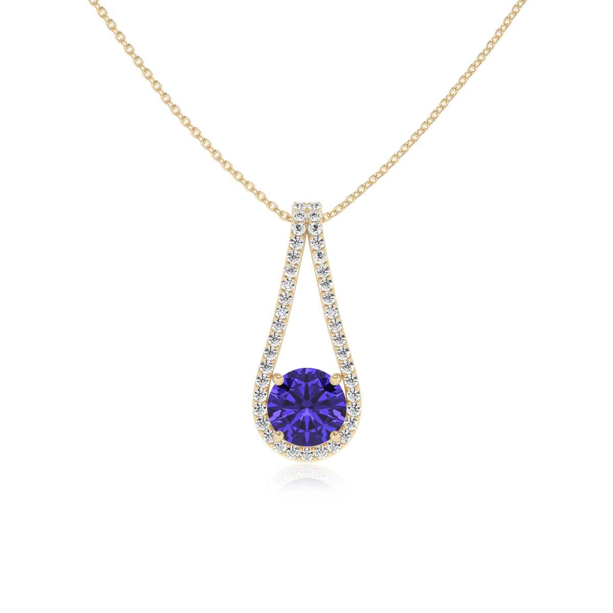 lab grown tanzanite round solitaire v-bale necklaces in yellow gold 