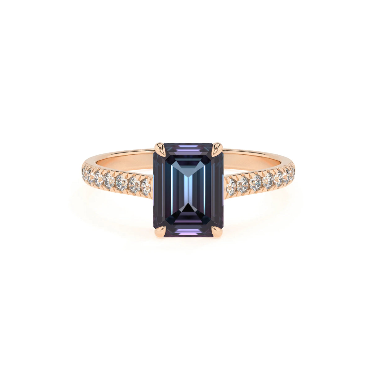 lab grown alexandrite emerald cut half eternity solitaire engagement rings in rose gold 