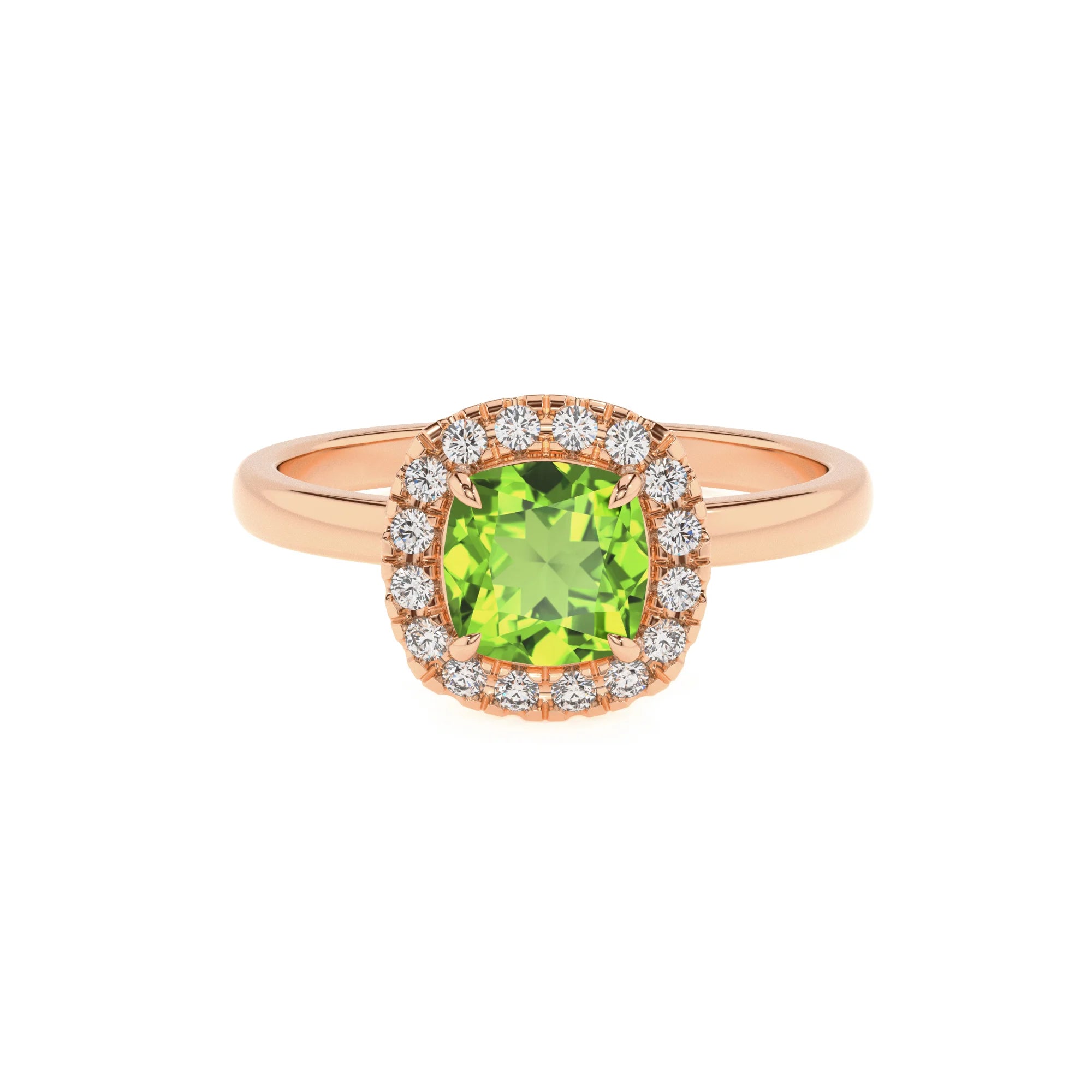 natural peridot cushion solitaire rings in rose gold 