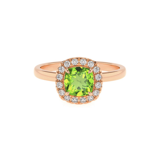 natural peridot cushion solitaire rings in rose gold 