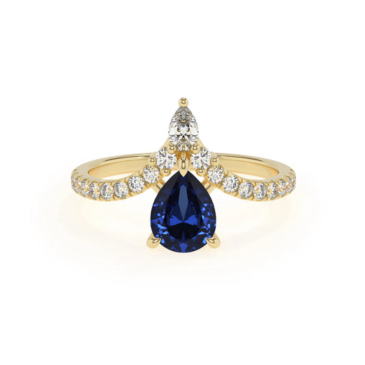lab grown blue-sapphire pear solitaire rings in yellow gold 