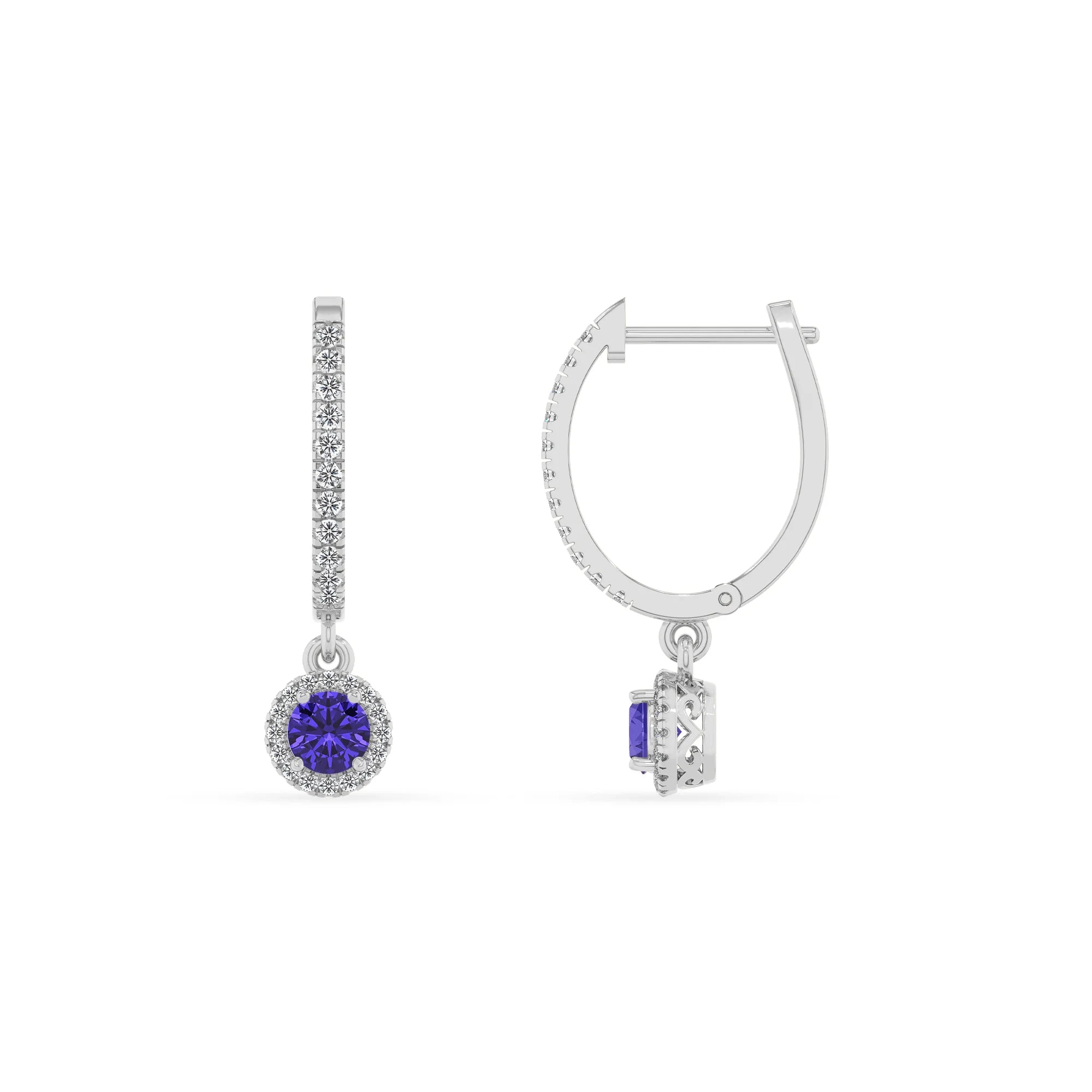 lab grown tanzanite round drop earrings in white gold 