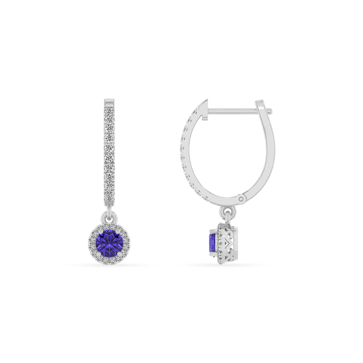lab grown tanzanite round drop earrings in white gold 