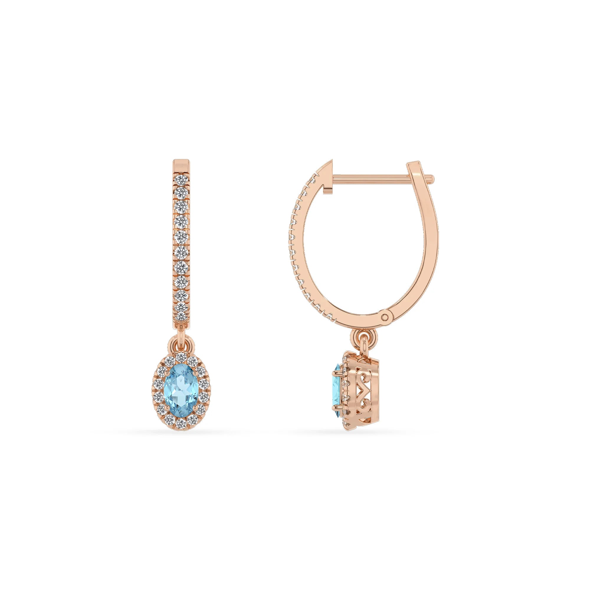 lab grown aquamarine oval drop earrings in rose gold 