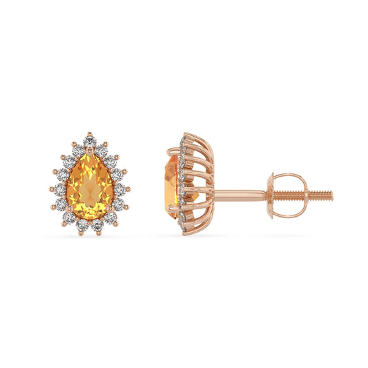 lab grown citrine pear stud earrings in rose gold 