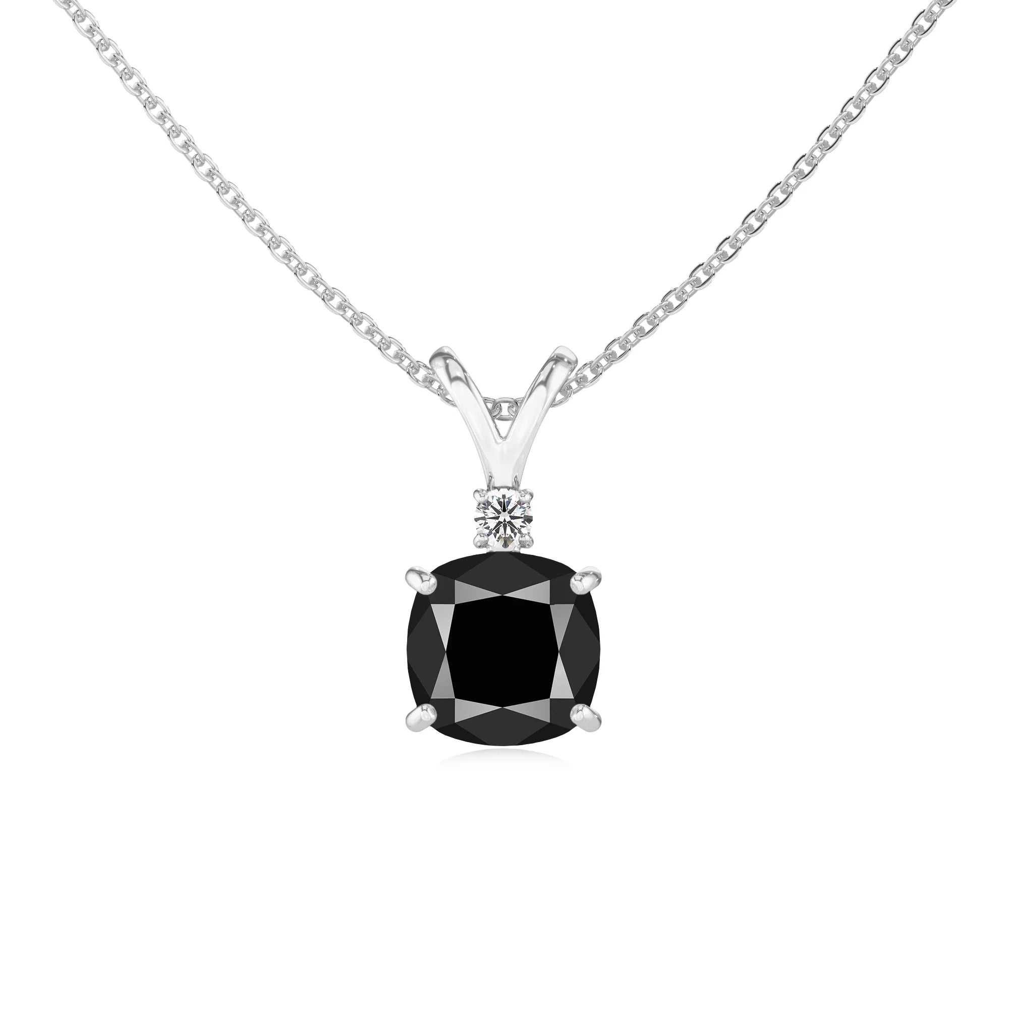 natural black-onyx cushion solitaire v-bale necklaces in white gold 