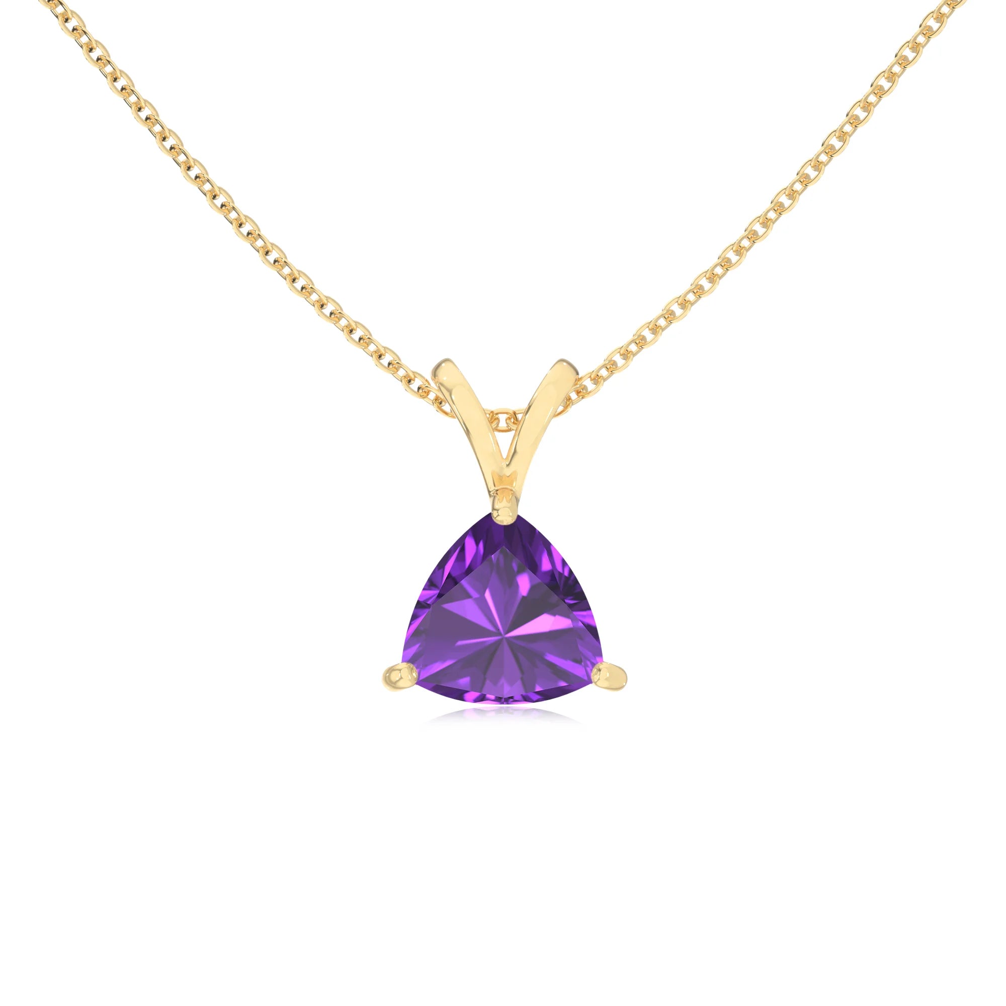 lab grown amethyst trillion solitaire v-bale necklaces in yellow gold 