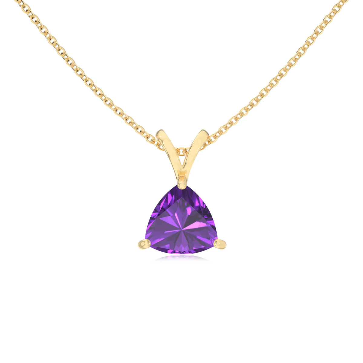 lab grown amethyst trillion solitaire v-bale necklaces in yellow gold 
