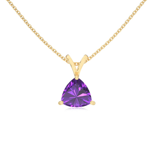lab grown amethyst trillion solitaire v-bale necklaces in yellow gold 
