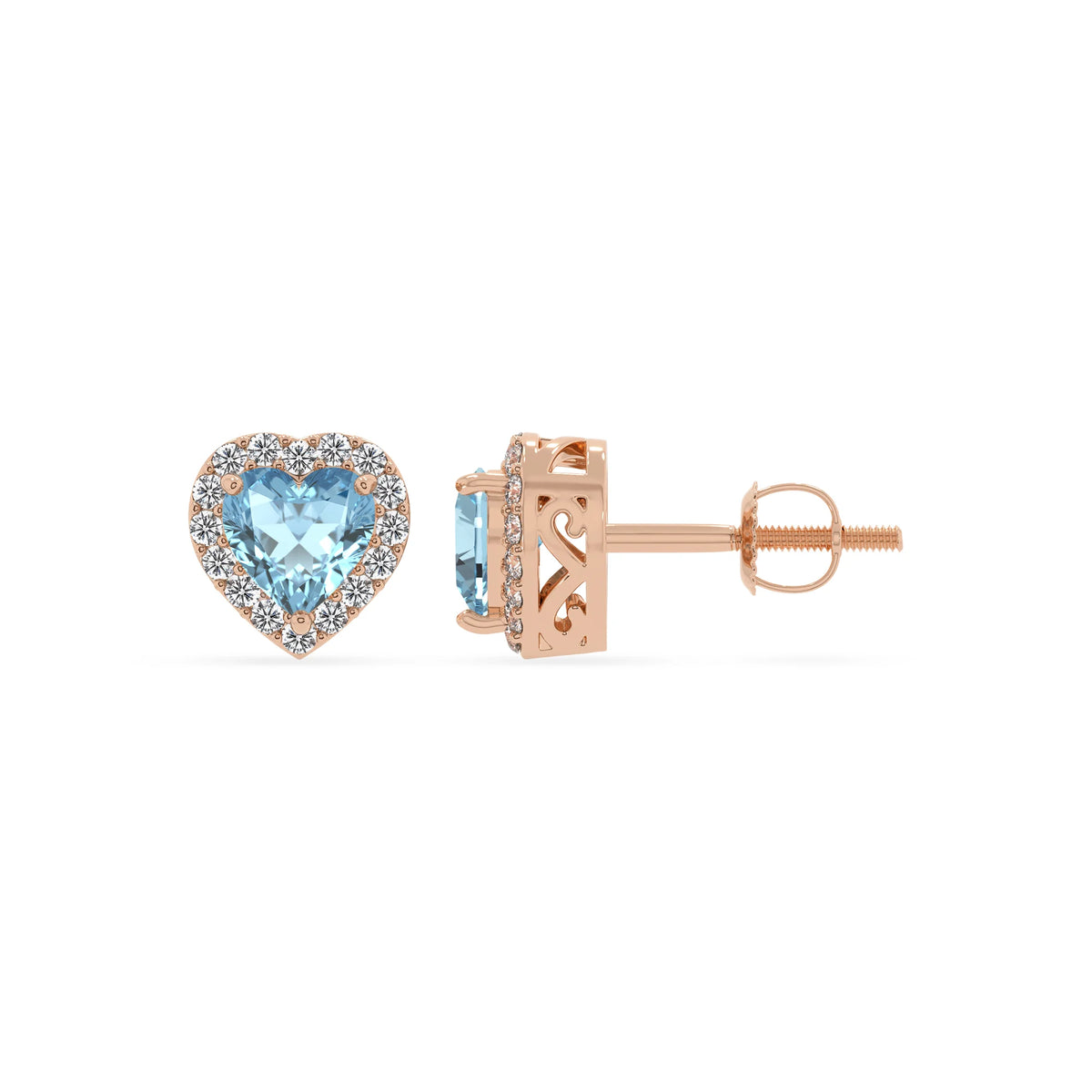 lab grown aquamarine heart stud earrings in rose gold 