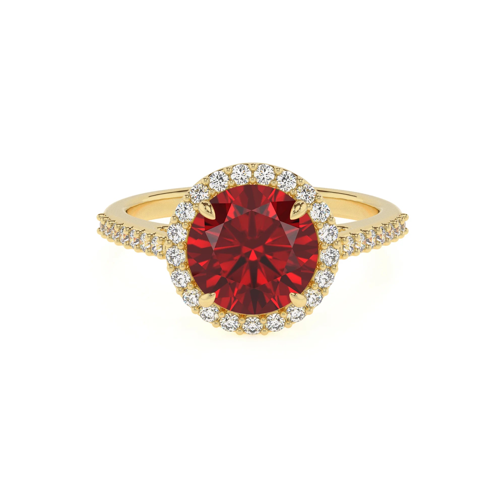lab grown ruby round solitaire rings in yellow gold 