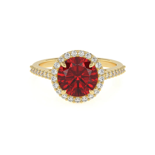 lab grown ruby round solitaire rings in yellow gold 