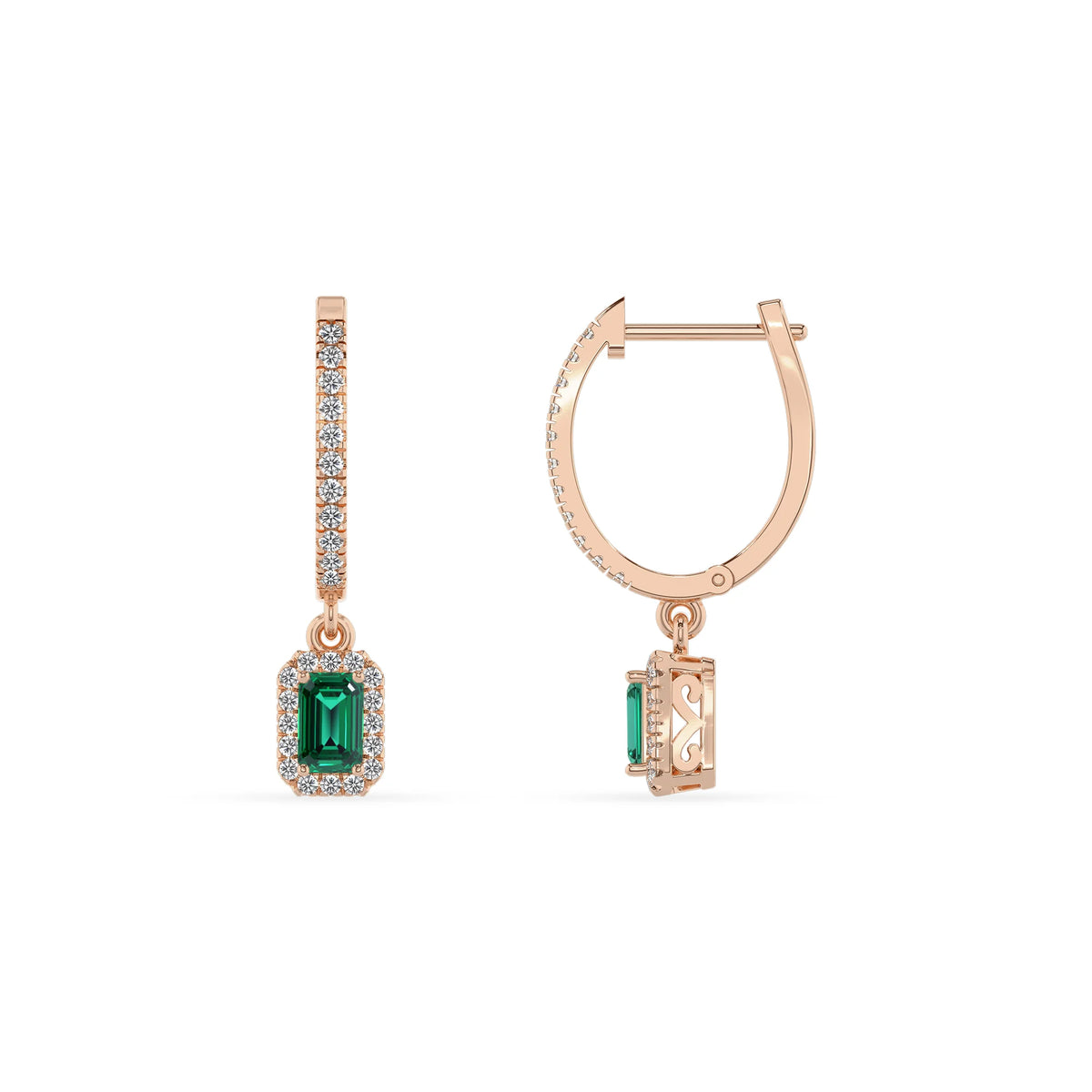 lab grown emerald octogon cut drop earrings in rose gold 