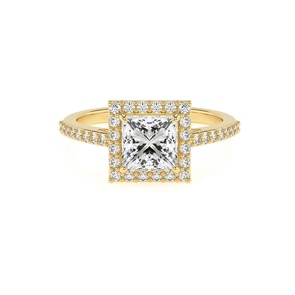 lab grown moissanite princess solitaire rings in yellow gold 