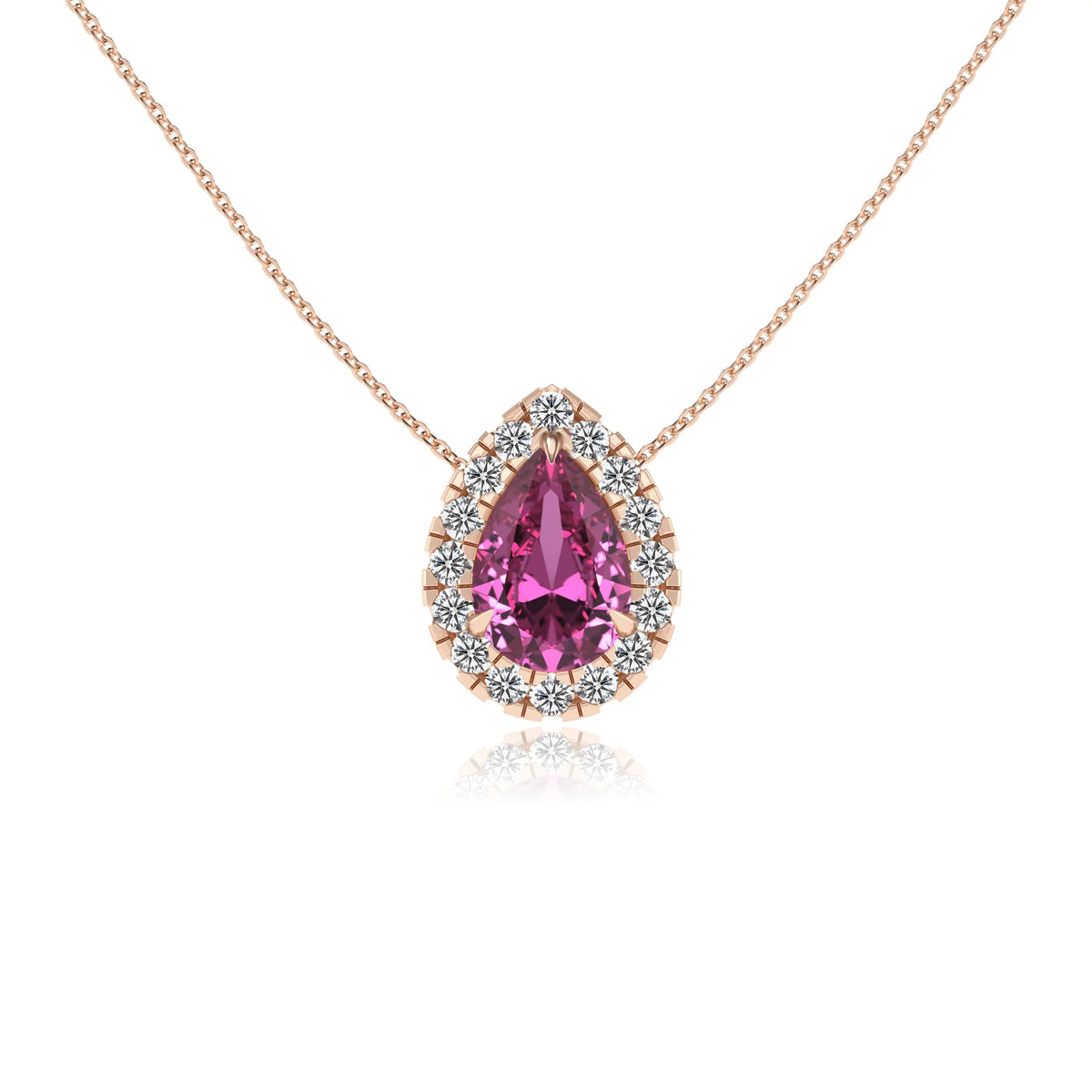 lab grown pink sapphire pear solitaire necklaces in rose gold 