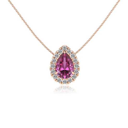 lab grown pink sapphire pear solitaire necklaces in rose gold 