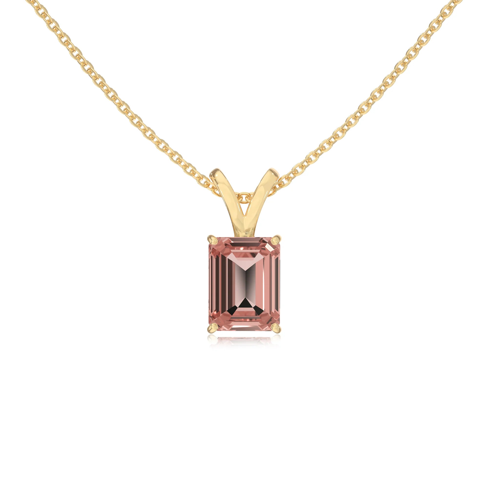 lab grown morganite emerald cut solitaire v-bale necklaces in yellow gold 