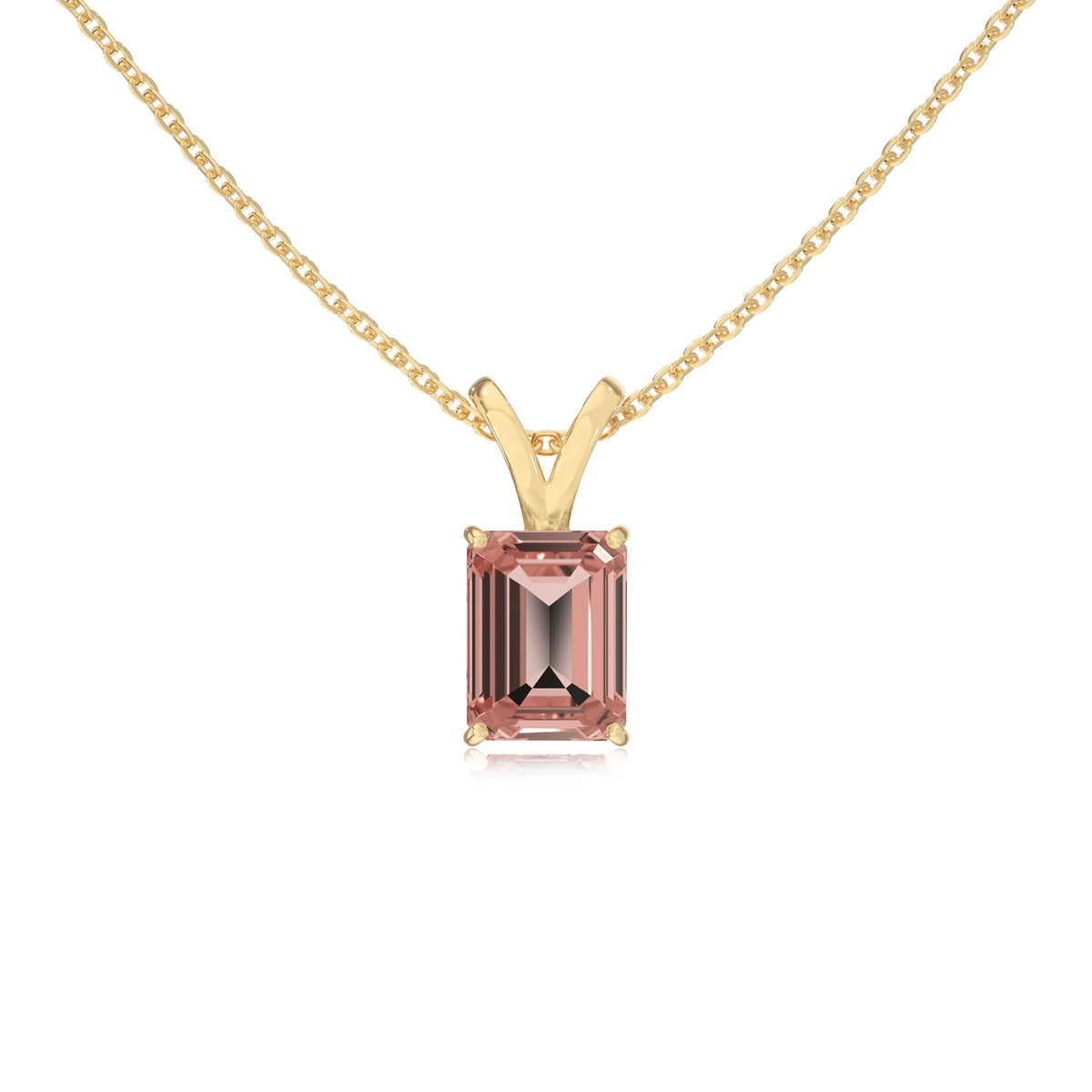 lab grown morganite emerald cut solitaire v-bale necklaces in yellow gold 