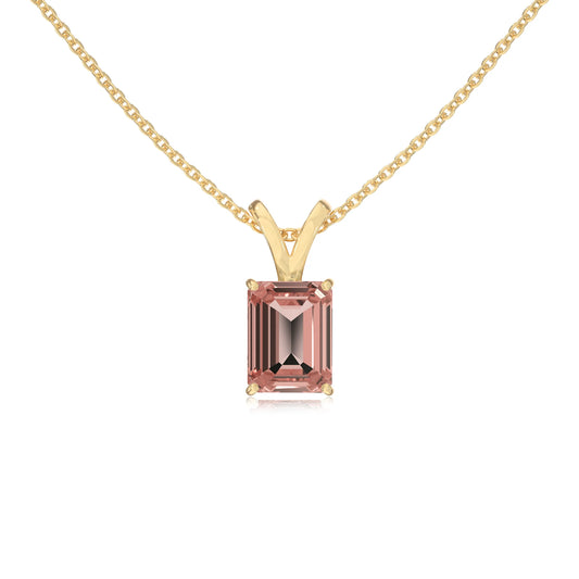 lab grown morganite emerald cut solitaire v-bale necklaces in yellow gold 