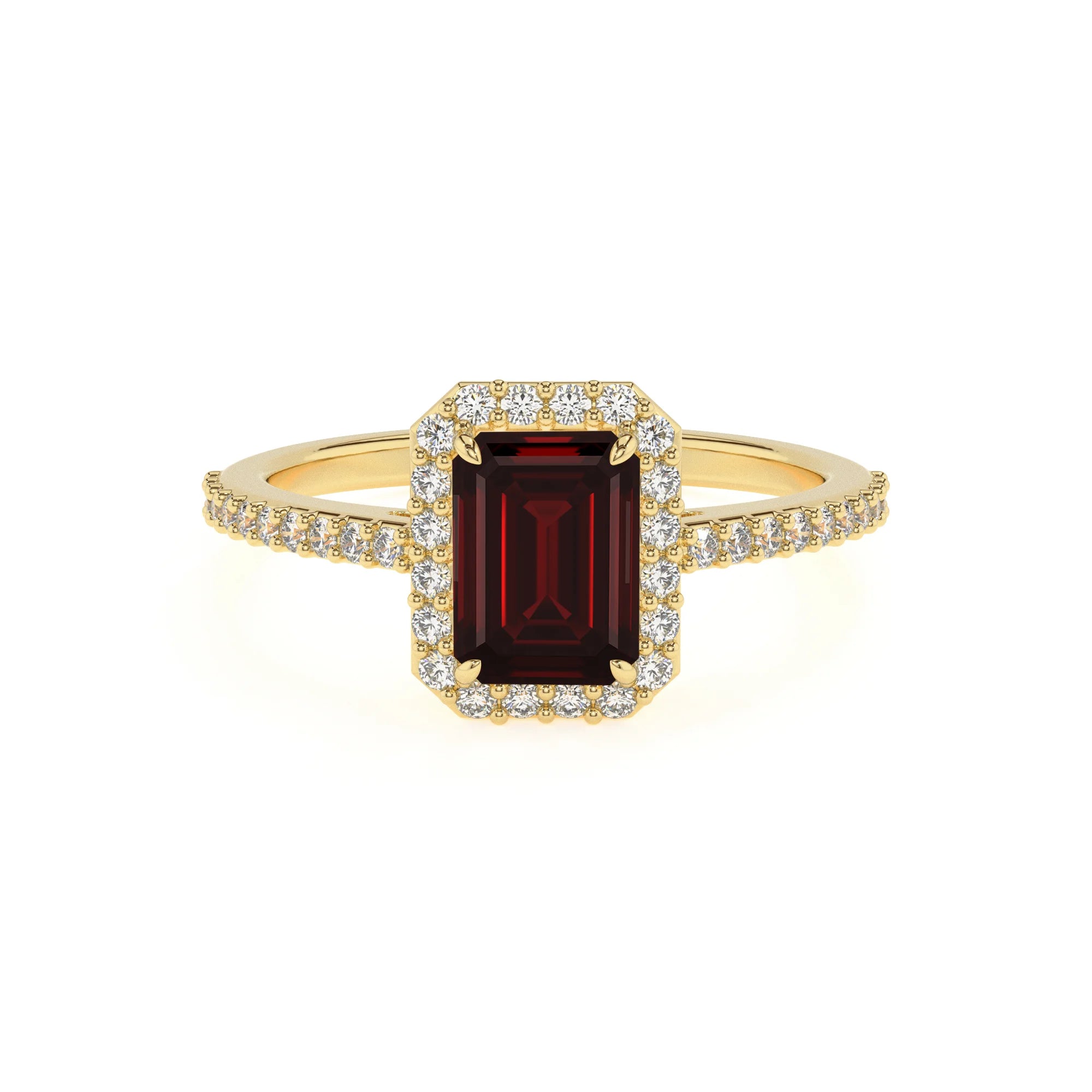 natural garnet emerald cut solitaire rings in yellow gold 