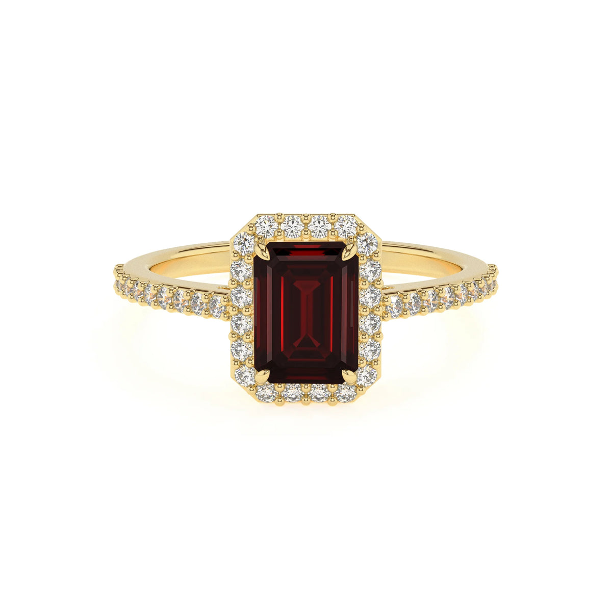 natural garnet emerald cut solitaire rings in yellow gold 