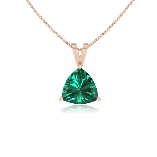 lab grown emerald trillion solitaire v-bale necklaces in rose gold 