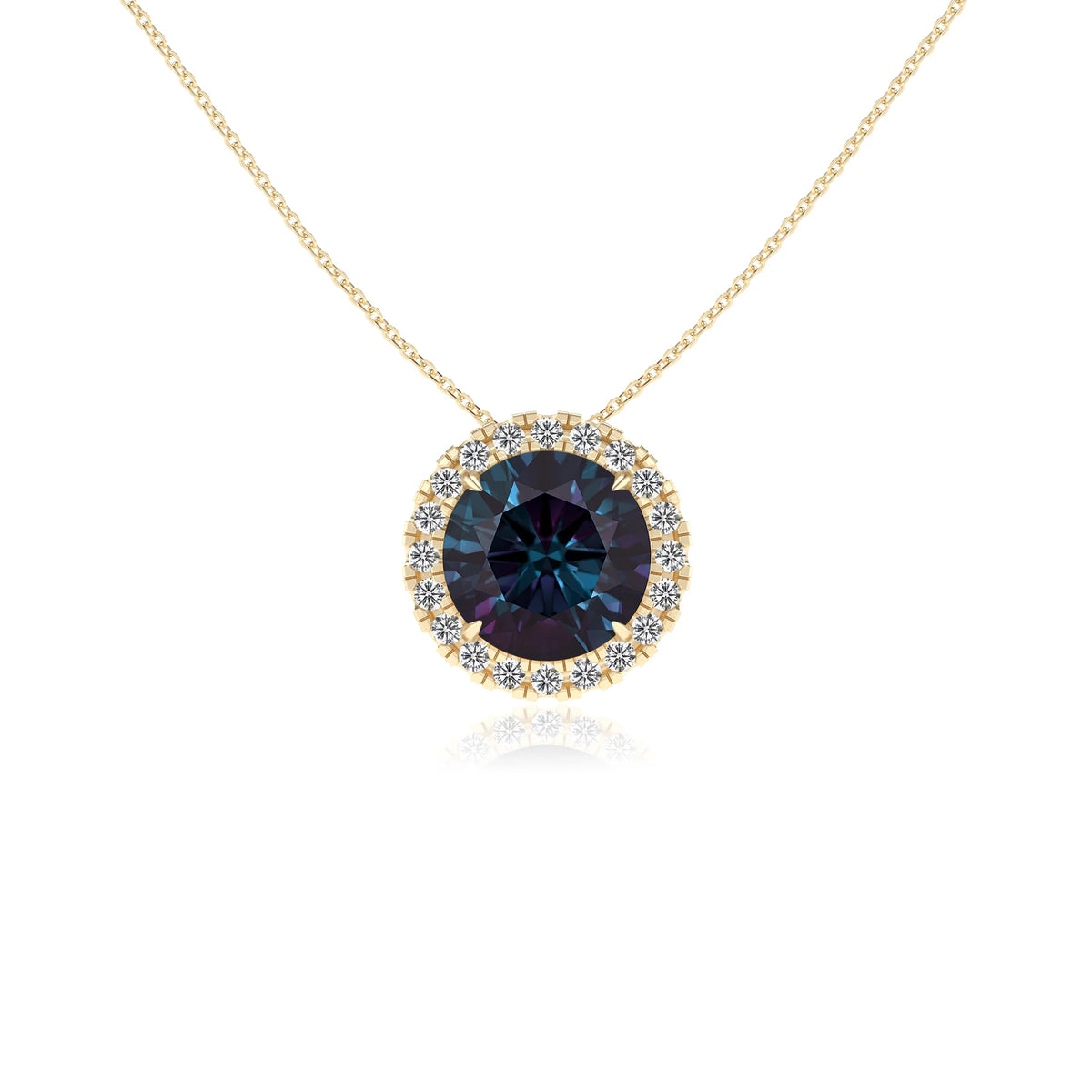 lab grown alexandrite round solitaire necklaces in yellow gold 