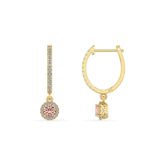 lab grown morganite round drop earrings in yellow gold 