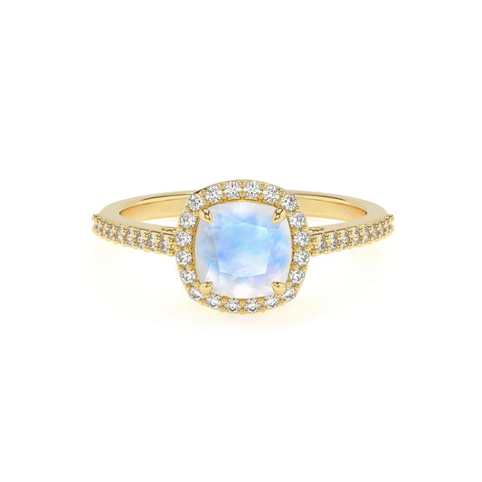 natural rainbow-moonstone cushion solitaire rings in yellow gold 