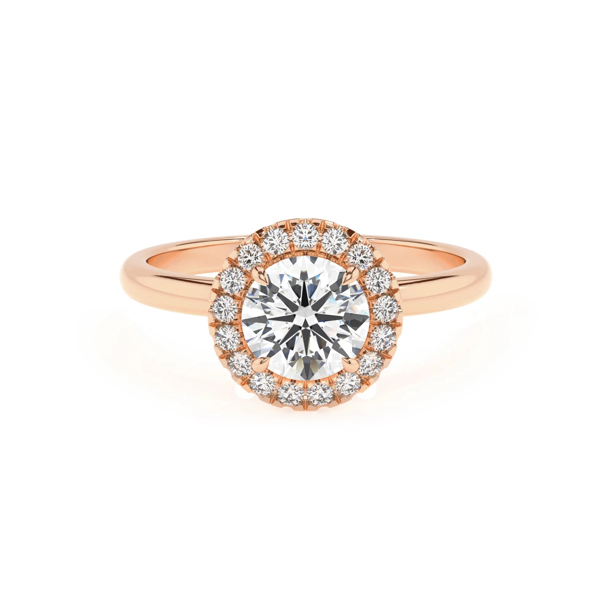 lab grown moissanite round solitaire rings in rose gold 