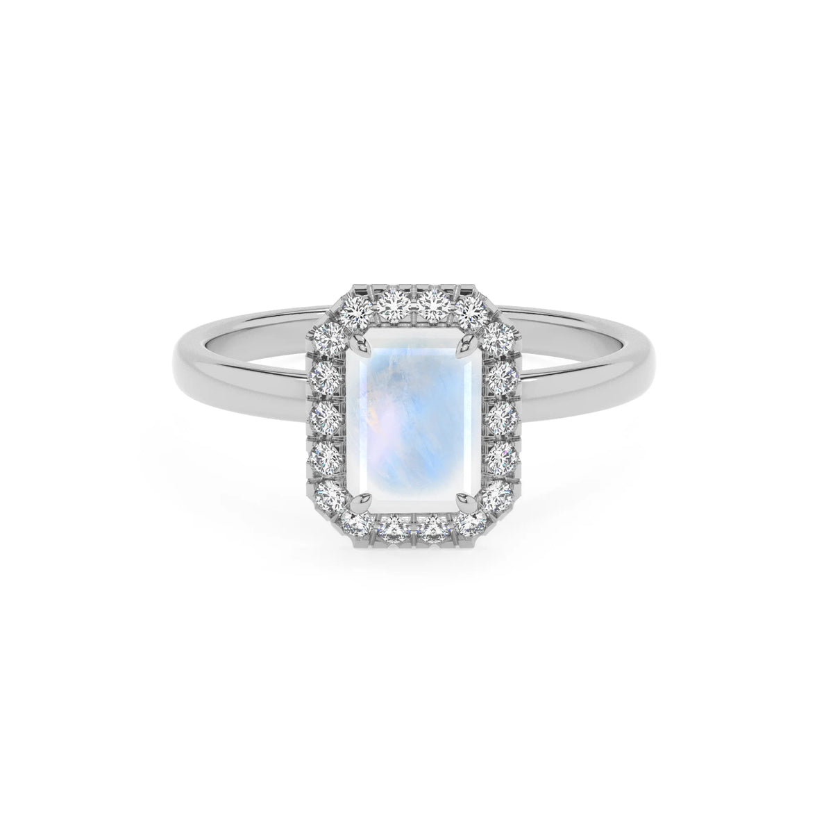 natural rainbow-moonstone emerald cut solitaire rings in white gold 
