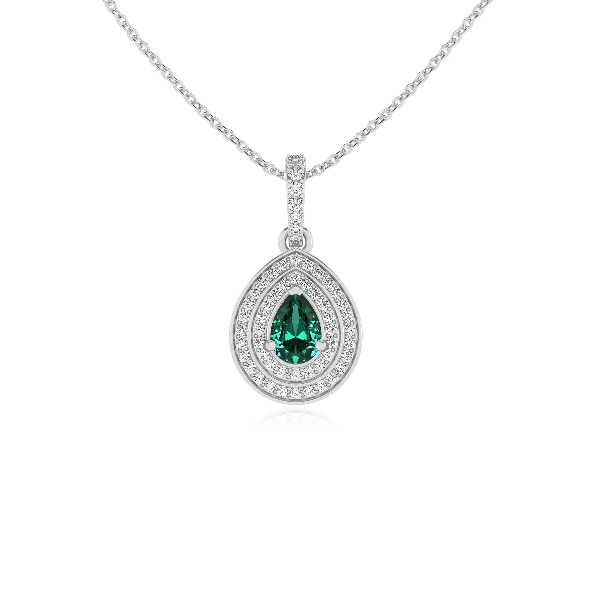 lab grown emerald pear halo necklaces in white gold 