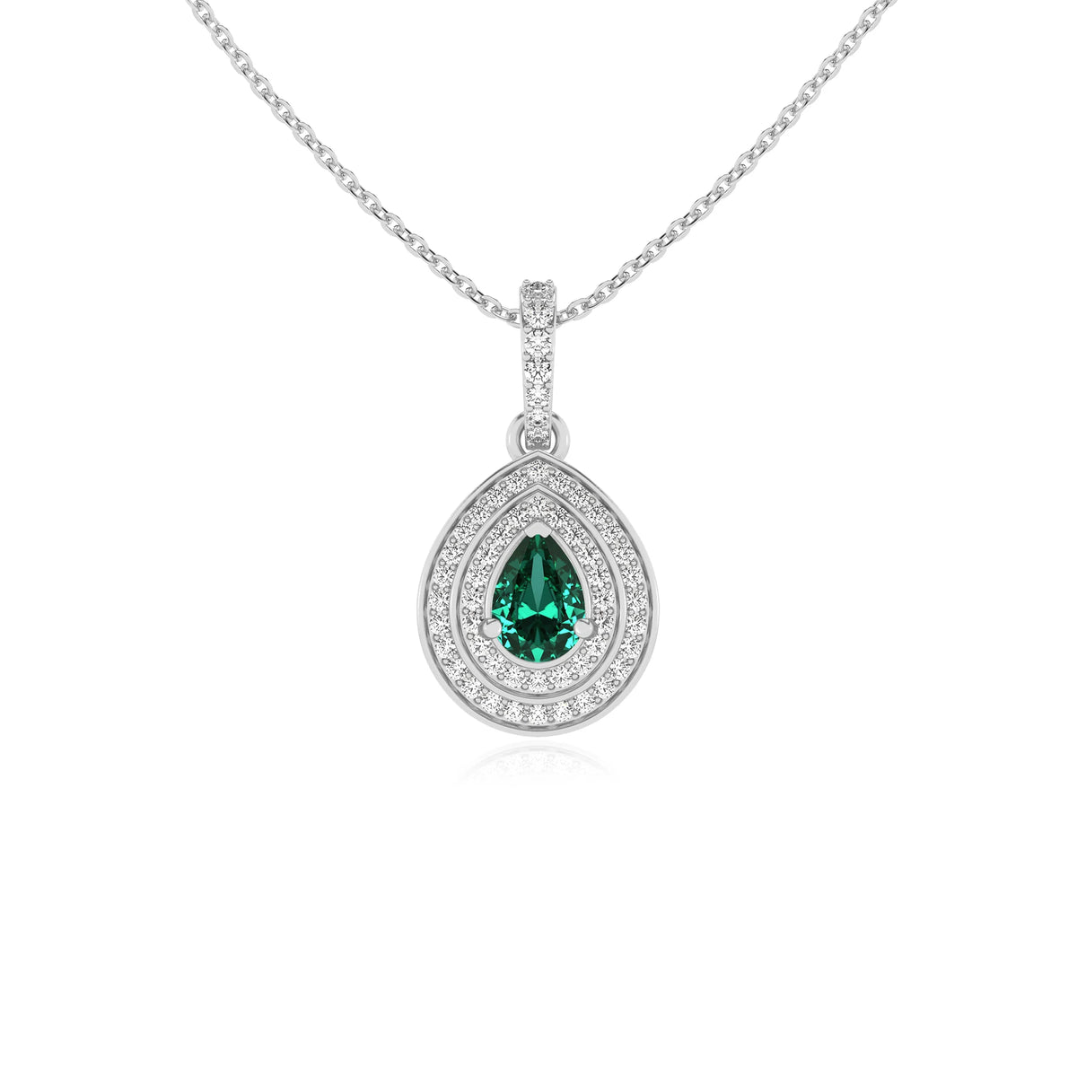 lab grown emerald pear halo necklaces in white gold 