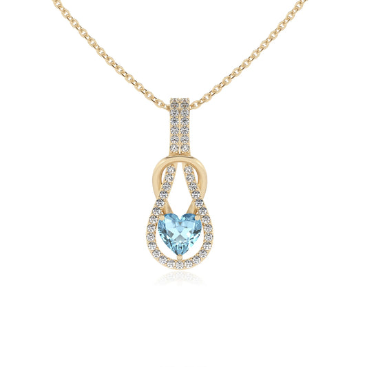 lab grown aquamarine heart infinity  v-bale necklaces in yellow gold 